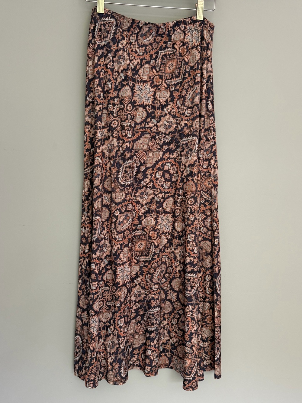 Peruvian Connection Neutral Brown Gray Tan Blue Boho Paisley Maxi Skirt